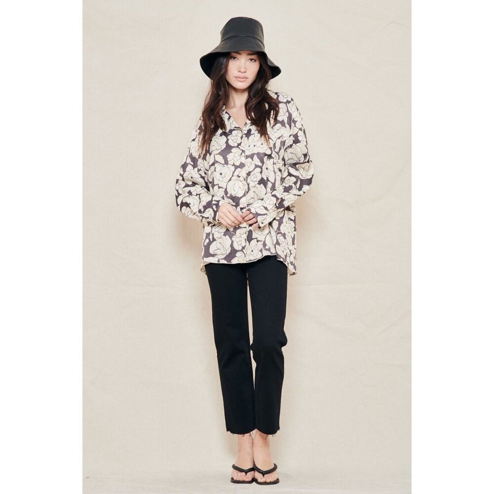 Nanushka Oona Floral Oversized Long Sleeve Viscose Top Blouse Shirt L